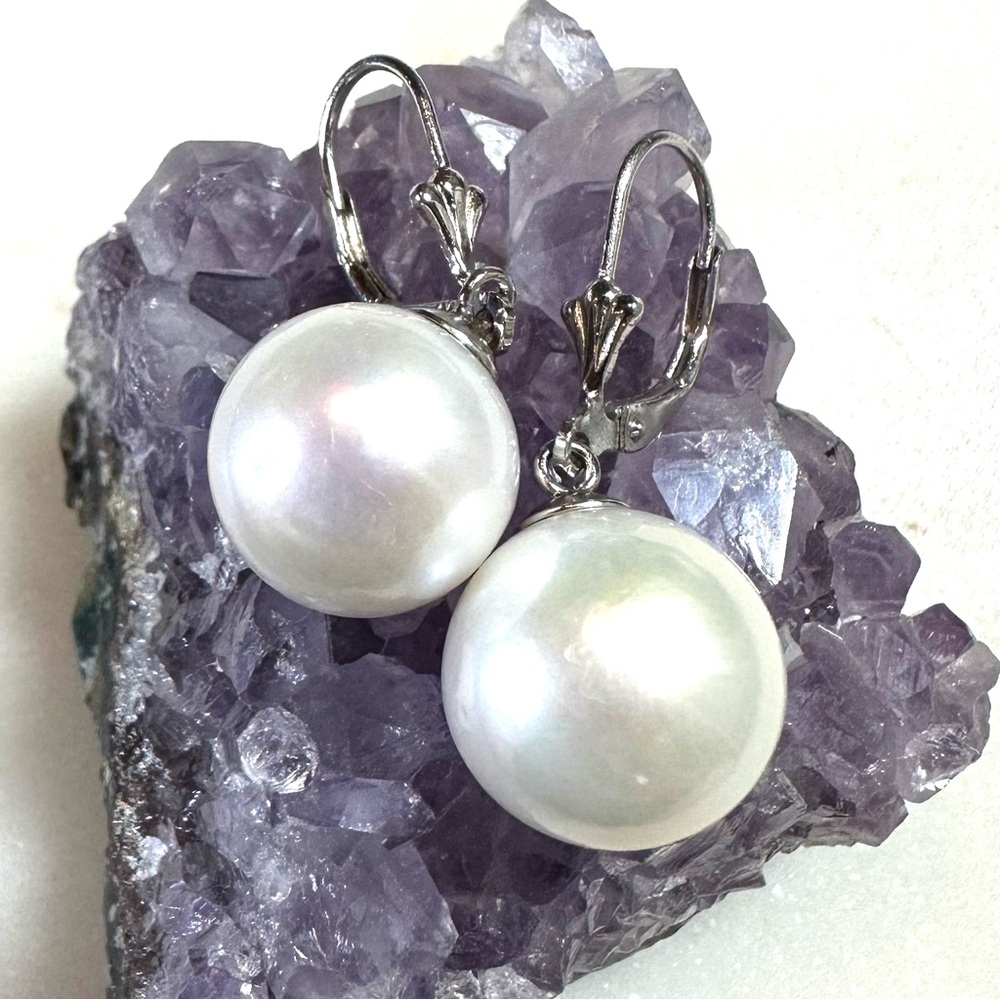 12-13mm White Cultured Freshwater Pearl Sterling Silver Lever-back Earrings